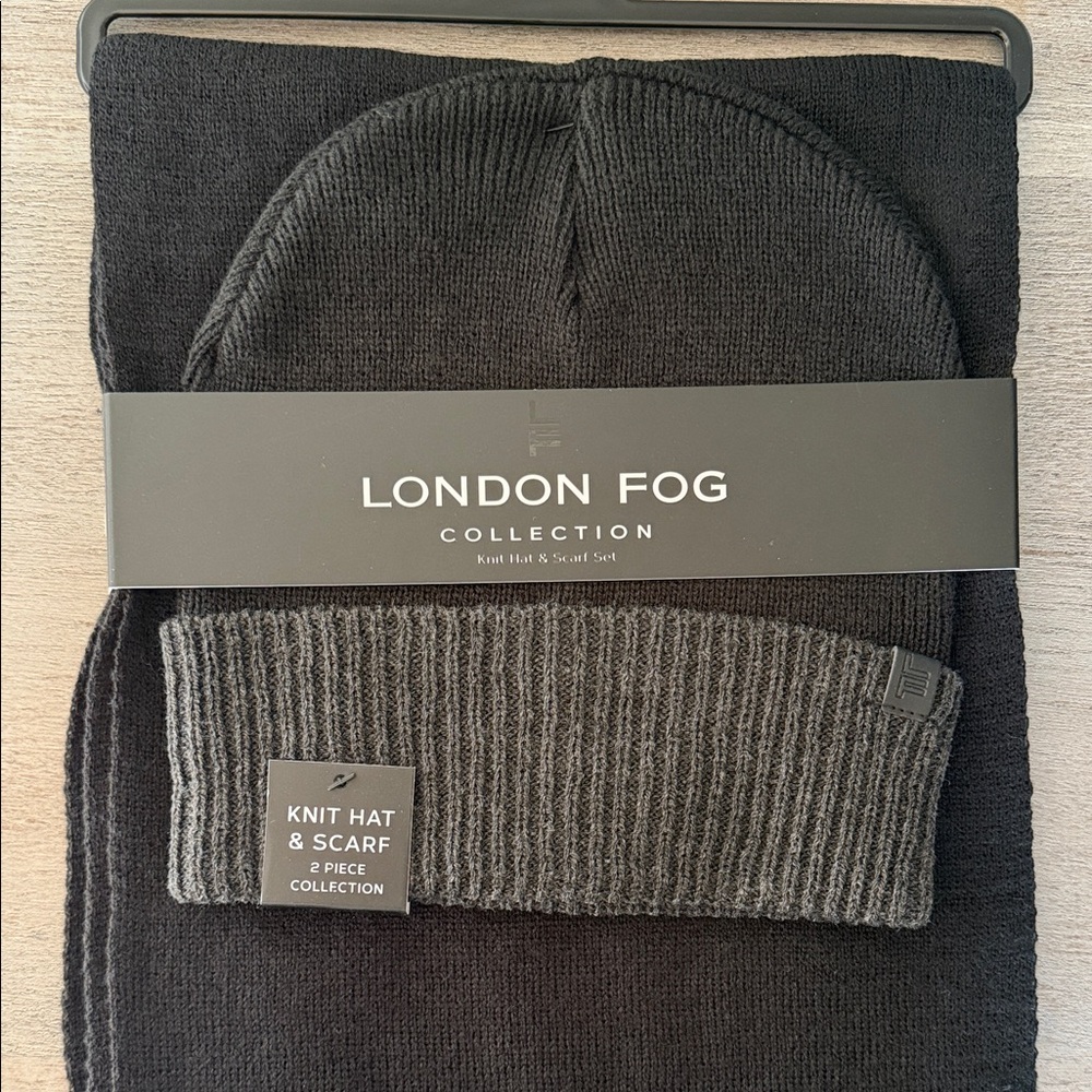 London Fog Knit Hat & Scarf Set - Black & Charcoal